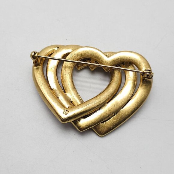 Vintage Liz Claiborne Gold Tone Interlocking Heart Brooch With Pink Rhinestones - Picture 3 of 6